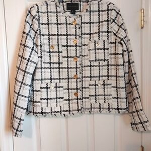 TAHARI Chanel Style Boucle Jacket size Large Neutral Background white/black
